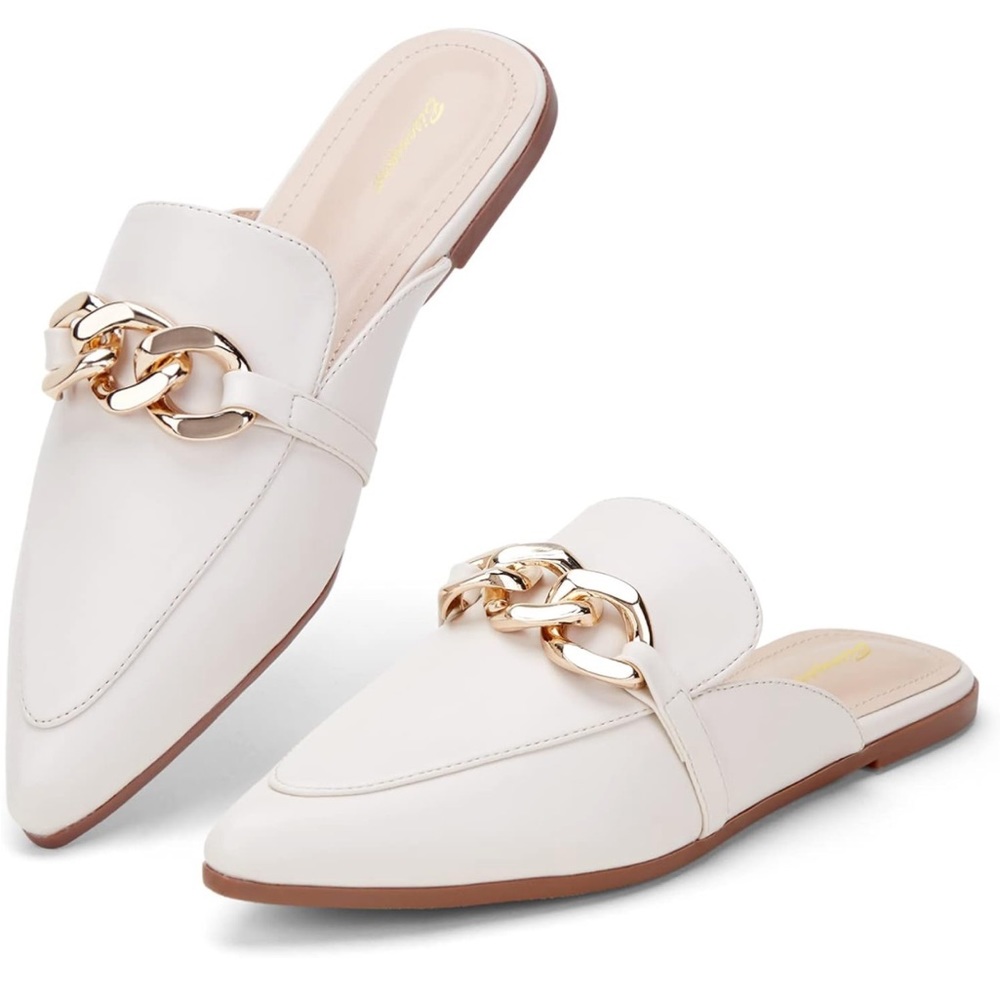 Faux leather pointed toe mules with gold chain detail